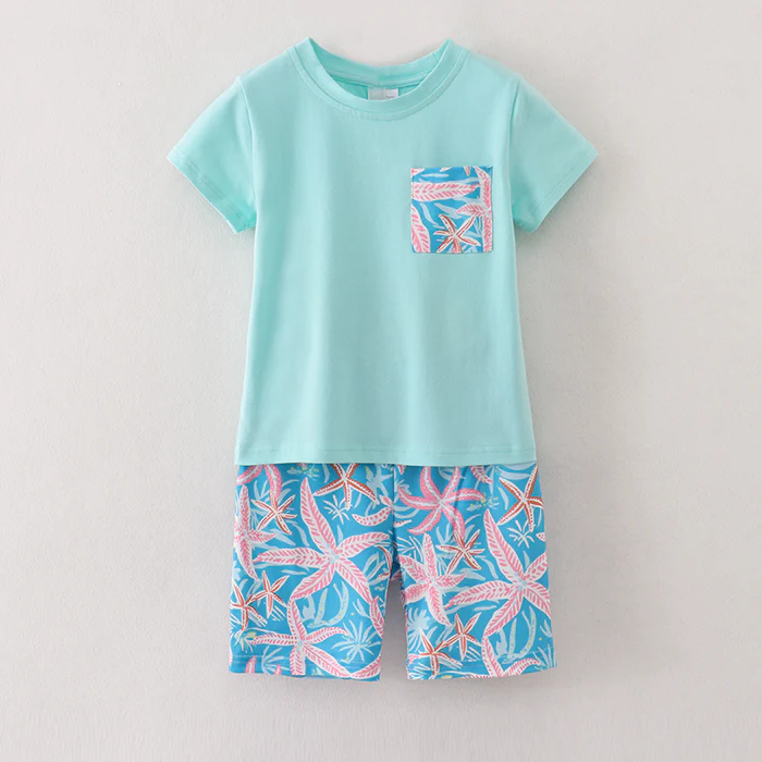 (Custom Design Preorder MOQ 5)  Aqua Pocket Top Starfish Shorts Boys Summer Clothes Set