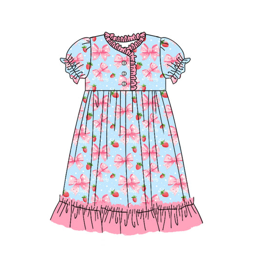 12.16(Custom Design Preorder MOQ 5) Pink Bows Strawberry Blue Print Girls Summer Ankle Length Nightdress