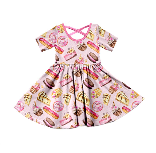 (Custom Design MOQ 5) Doughnut Cake Dessert Print Girls Knee Length Dress