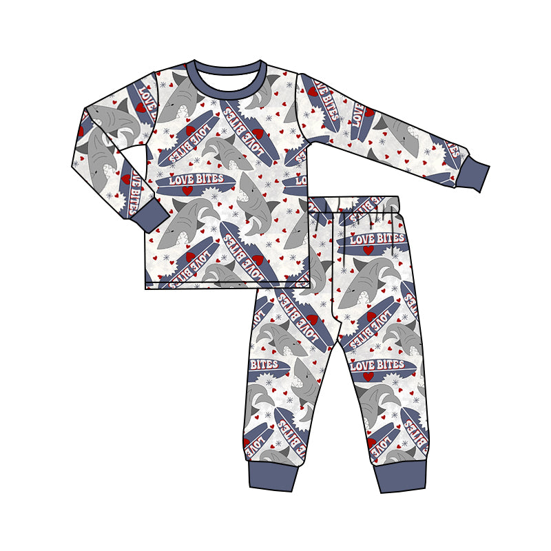 (Custom Design Preorder MOQ 5) Love Bites Shark Print Boys Valentine's Pajamas Clothes Set