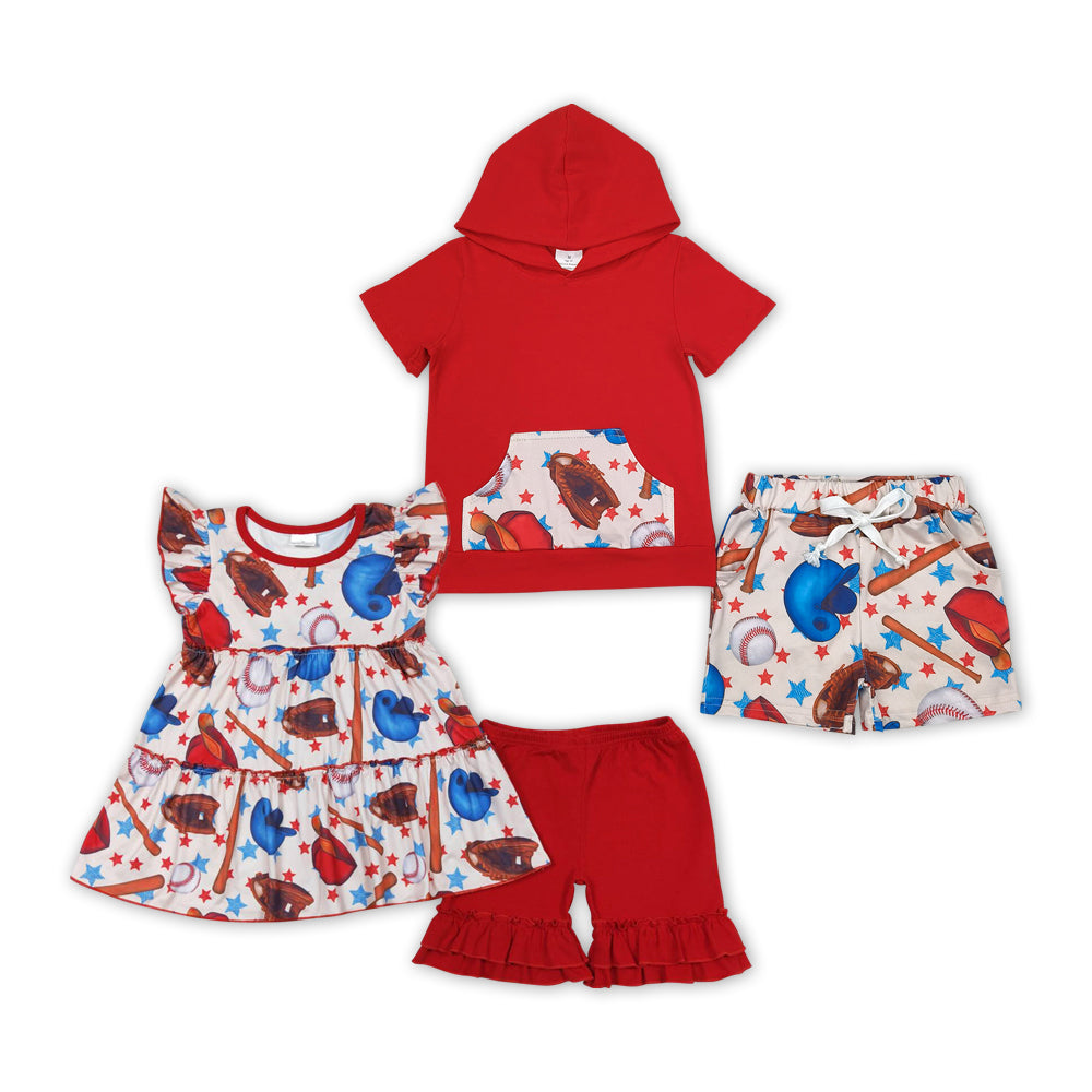 Baseball Red Sibling Summer Matching Clothes Set