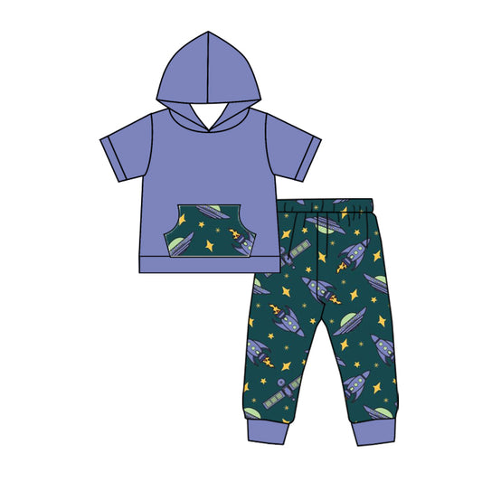 (Custom Design Preorder MOQ 5) Purple Hoodie Top Spacecraft Pants Boys Clothes Set
