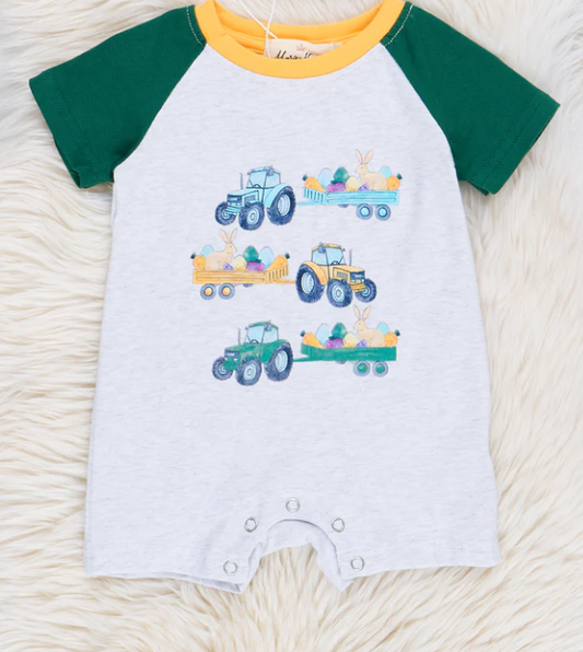 (Custom Design Preorder MOQ 5) Bunny Eggs Tractors Print Baby Boys Easter Romper