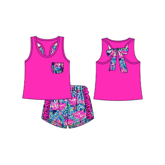 12.14(Custom Design Preorder MOQ 5) Purple Pocket Vest Top Flamingo Shorts Girls Summer Clothes Set