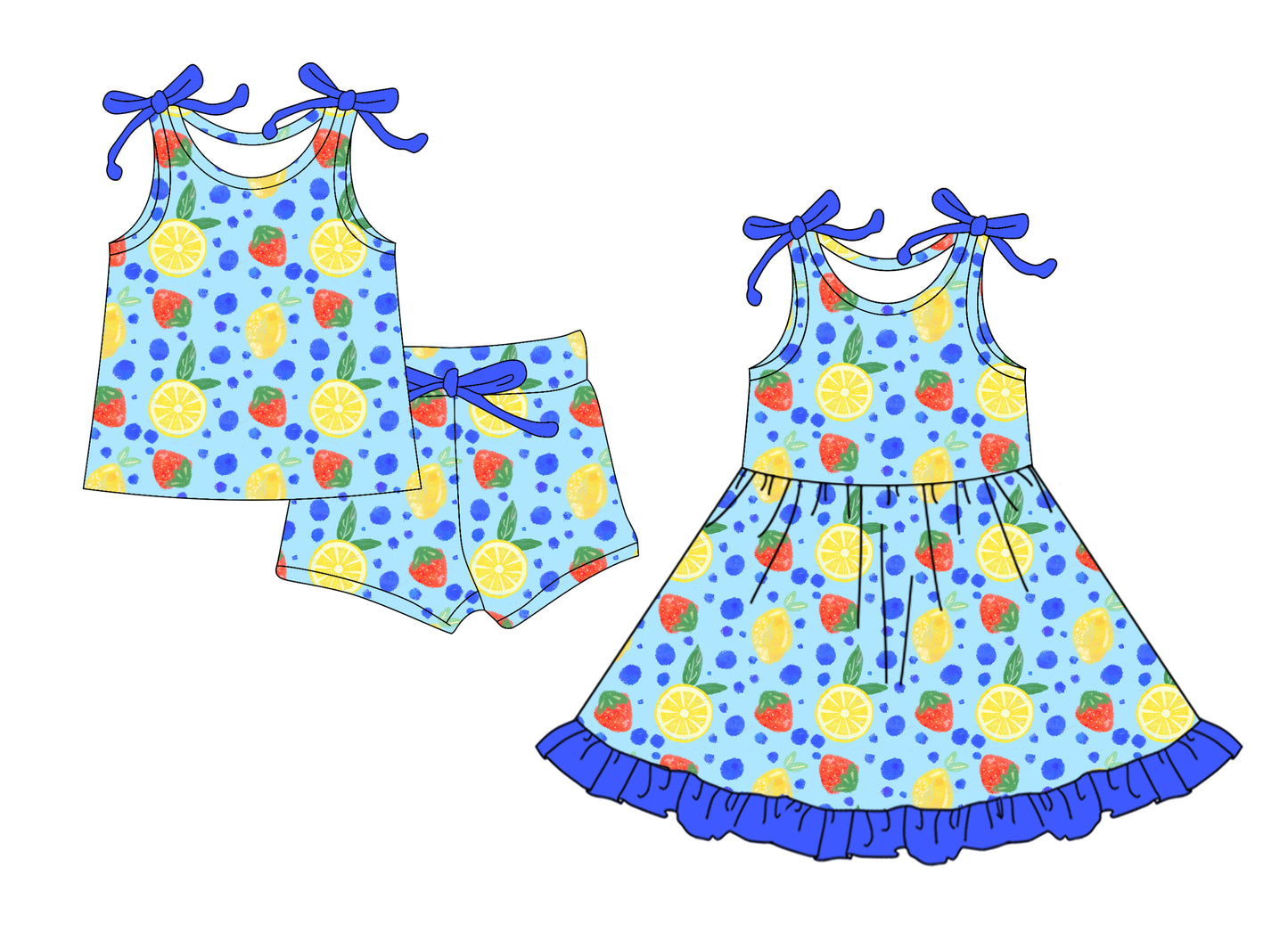 12.8 (Custom Design Preorder MOQ 5 Each Design) Strawberry Lemon Print Girls Summer Matching Clothes Sisters Wear
