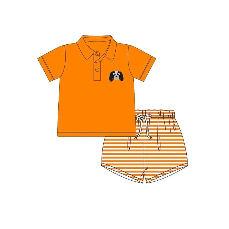 (Custom Design Preorder MOQ 5) Team's Tennessee Dog Orange Polo Top Stripes Shorts Boys Summer Clothes Set