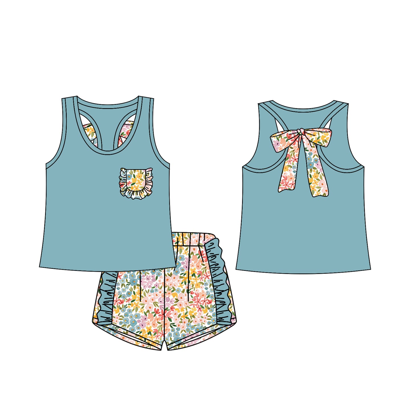 12.14(Custom Design Preorder MOQ 5) Pocket Vest Top Flowers Shorts Girls Summer Clothes Set