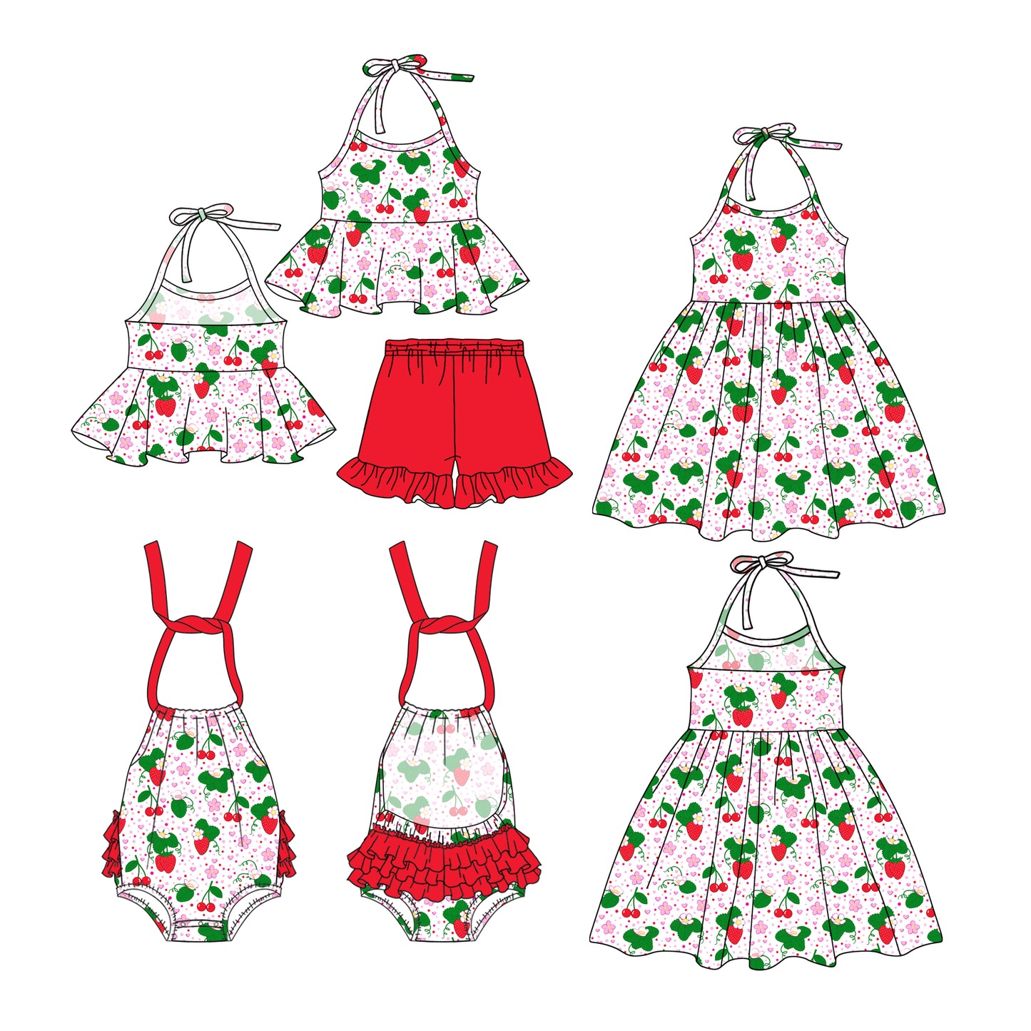 1.4(Custom Design Preorder MOQ 5 Each Design) Strawberry Print Girls Summer Matching Clothes Sisters Wear