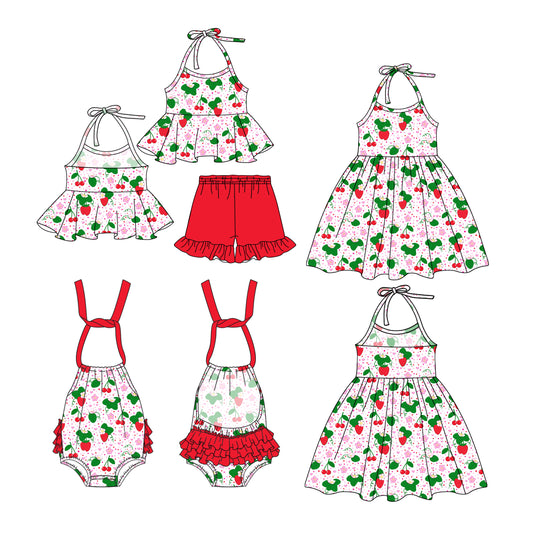 1.4(Custom Design Preorder MOQ 5 Each Design) Strawberry Print Girls Summer Matching Clothes Sisters Wear
