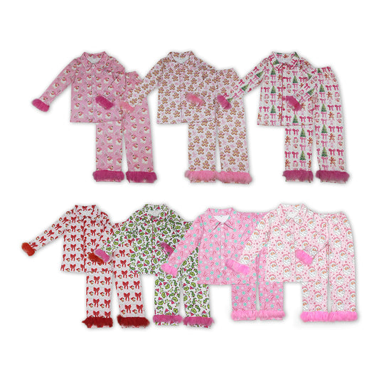 8 Prints Woman Christmas Buttons Fur Pajamas Clothes Set Family Matching Styles