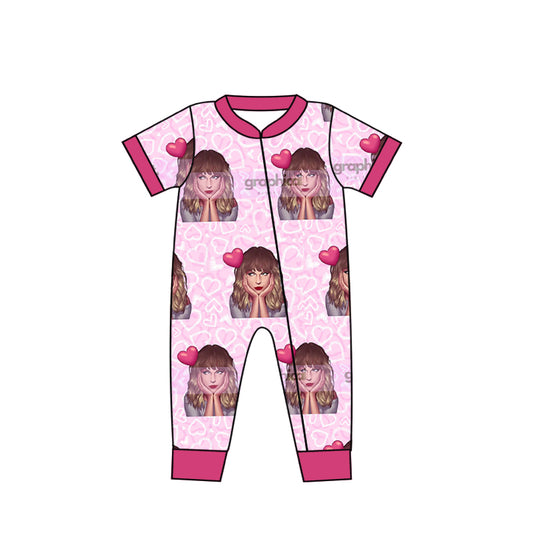 (Custom Design MOQ 5)NO.4  Pink Heart Singer Design Baby Sleeper Zipper Romper