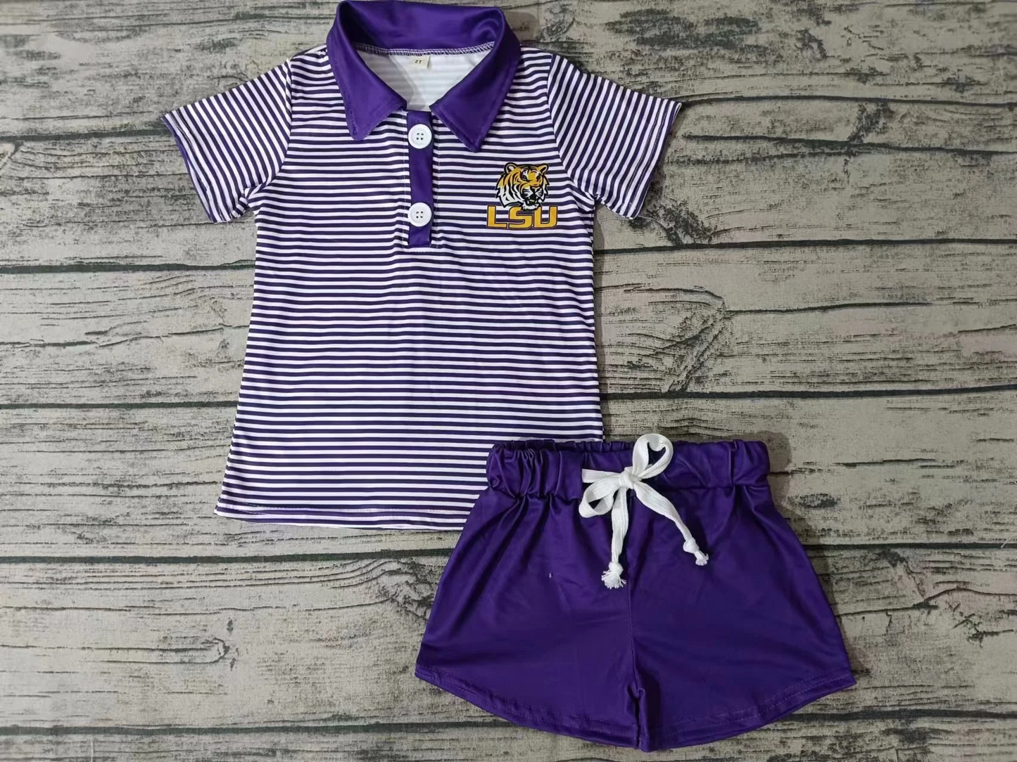 (Custom Design Preorder MOQ 5)  Team's LSU Tiger Print Polo Top Purple Shorts Boys Summer Clothes Set