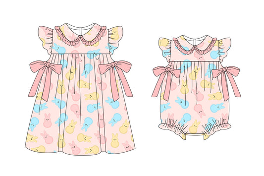 11.6(Custom Design Preorder MOQ 5 Each Design) Colorful Bunny Pink Print Girls Easter Matching Clothes Sisters Wear