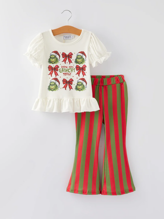 (Custom Design Preorder MOQ 5) Green Frog Bows Top Stripes Pants Girls Christmas Clothes Set