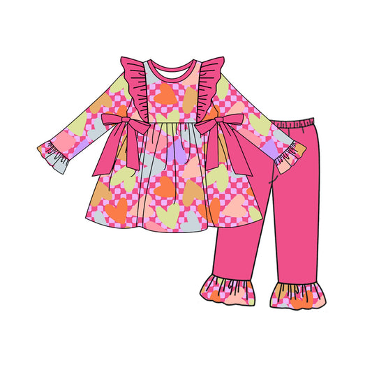 (Custom Design Preorder MOQ 5) Heart Tunic Top Hotpink Pants Girls Valentine's Day Clothes Set