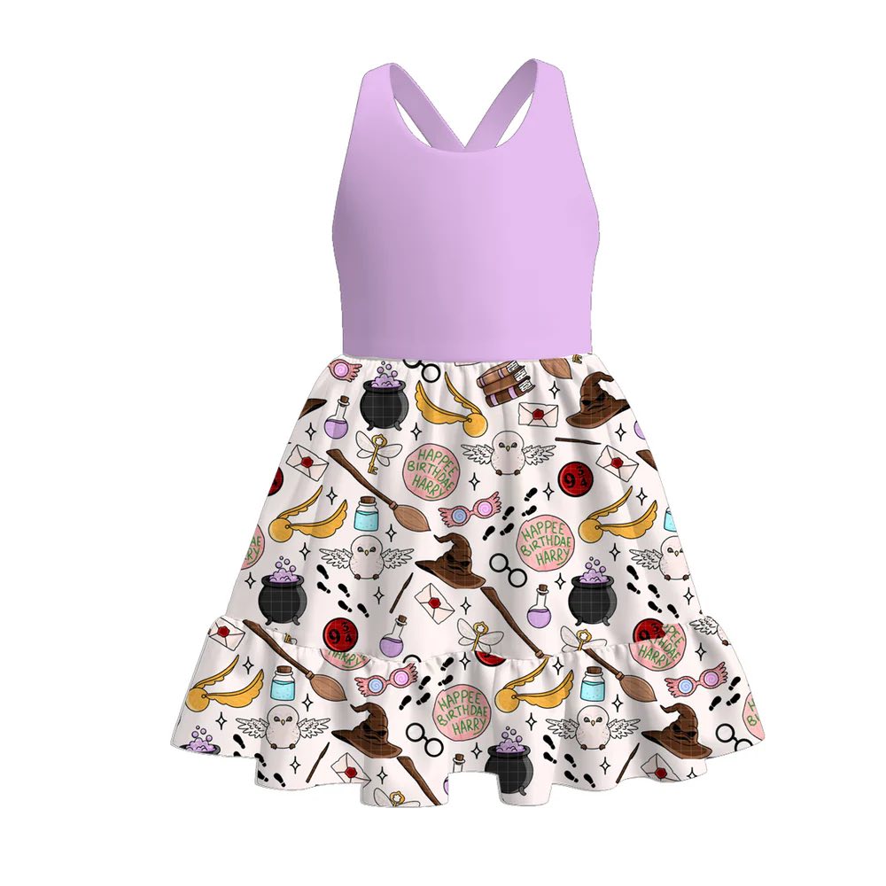 (Custom Design Preorder MOQ 5) Cartoon Magic Key Purple Print Girls Summer Knee Length Dress