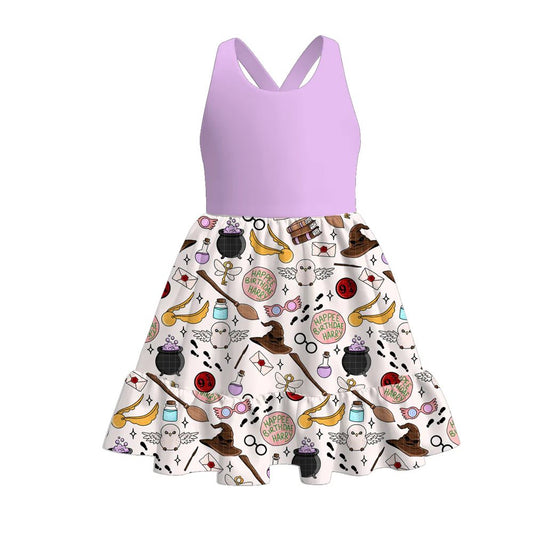 (Custom Design Preorder MOQ 5) Cartoon Magic Key Purple Print Girls Summer Knee Length Dress