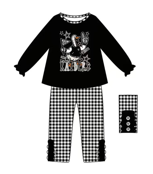 (Custom Design Preorder MOQ 5) Team's RAIDERS Black Top Plaid Pants Girls Fall Clothes Set