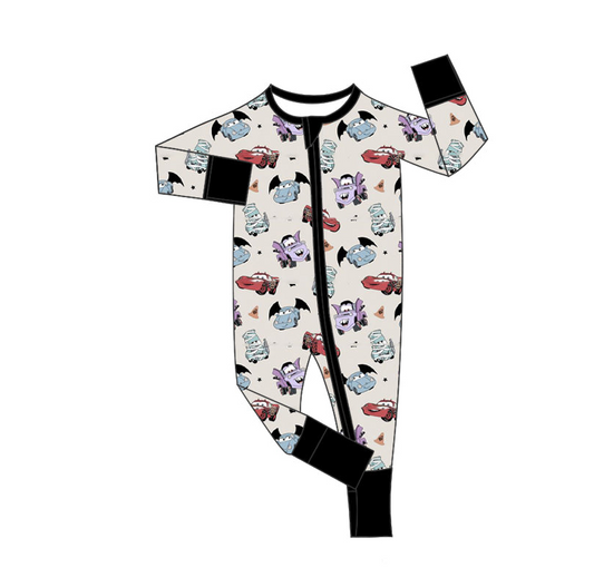 (Custom Design Preorder MOQ 5)  Cartoon Cars Print Baby Boys Halloween Bamboo Sleeper Zipper Romper