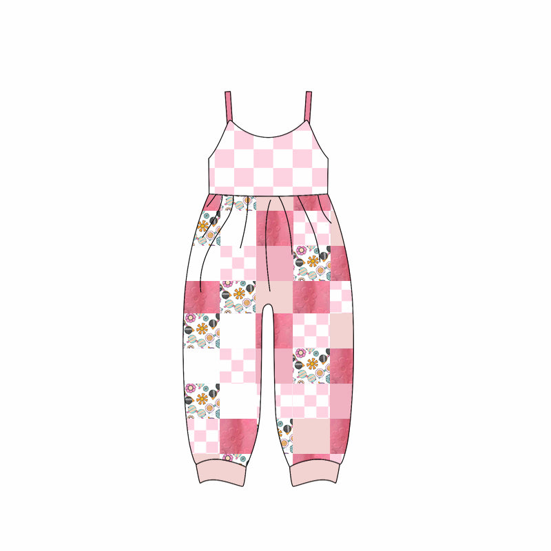 (Custom Design Preorder MOQ 5) Pink Plaid Flowers Print Girls Summer Jumpsuits