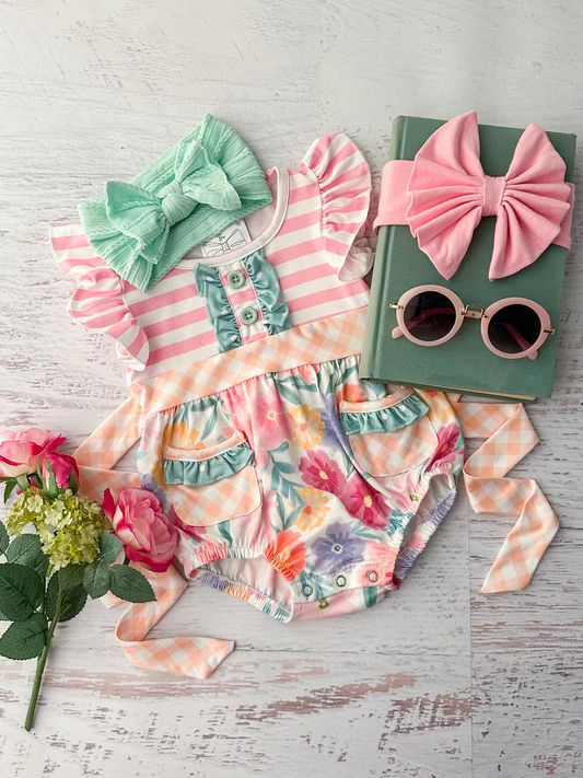 (Custom Design Preorder MOQ 5) Flowers Print Pockets Baby Girls Summer Romper