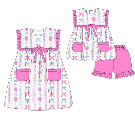 3.8(Custom Design Preorder MOQ 5 Each Design) Strawberry Bows Print Pockets Girls Summer Matching Clothes Sisters Wear