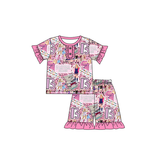 12.12(Custom Design Preorder MOQ 5) Singer Swiftie Pink Print Girls Summer Pajamas Clothes Set