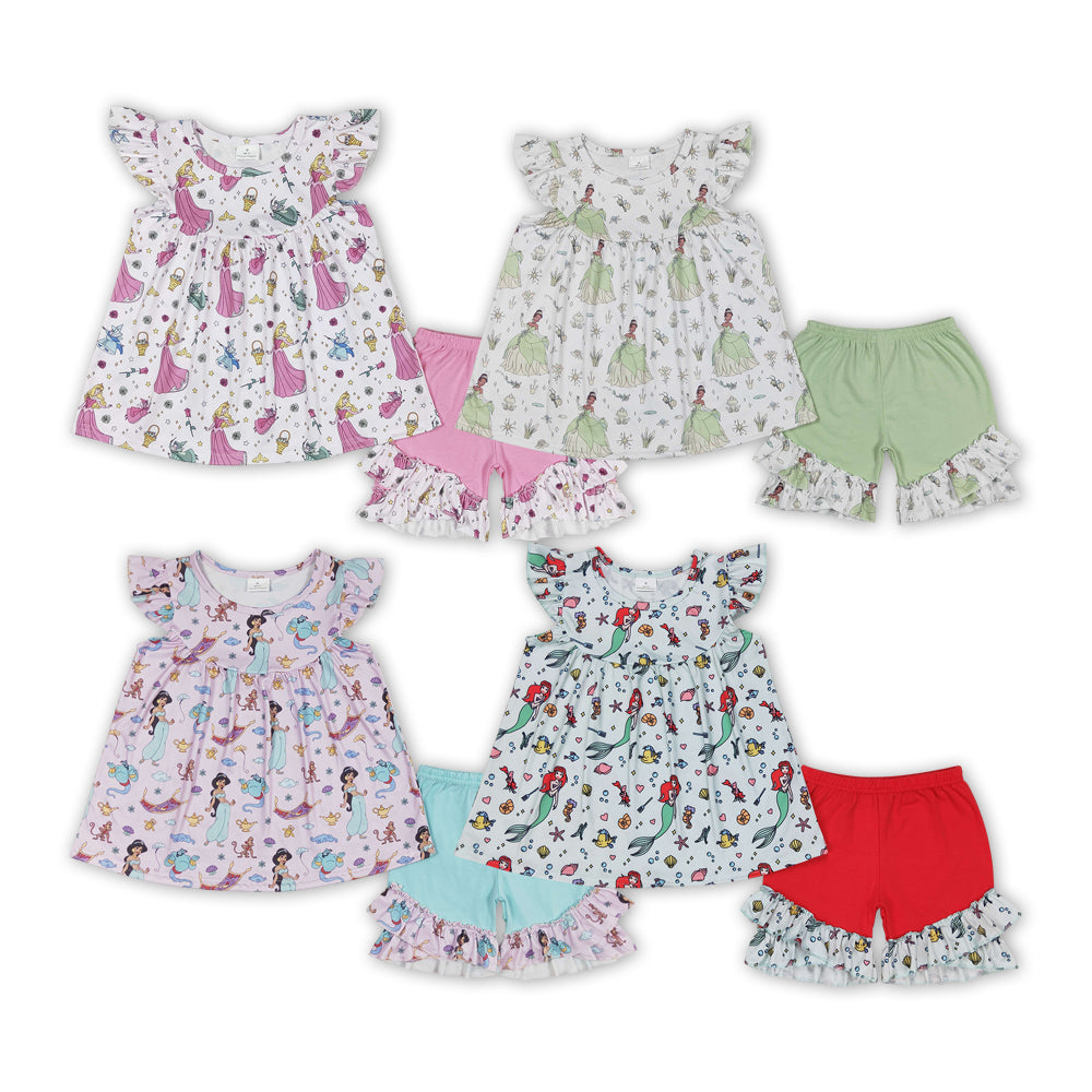 Cartoon Princess Top Ruffle Shorts Girls Summer Clothes Set Sisters Wear