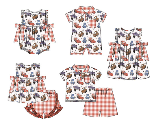 11.22(Custom Design Preorder MOQ 5 Each Design) Cartoon Cars Plaid Print Kids Summer Matching Clothes Sibling Wear