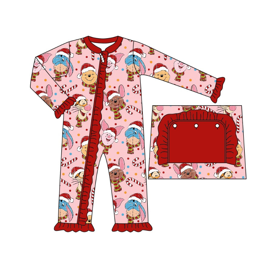 (Custom Design Preorder MOQ 5)  Cartoon Bear Friends Print Baby Girls Bamboo Christmas Sleeper Zipper Romper