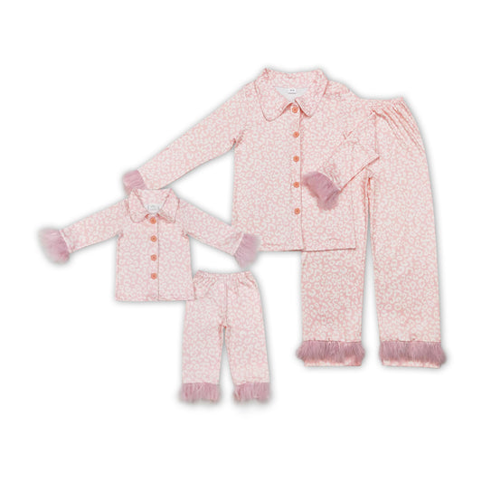 Pink Leopard Print Mom and Me Matching Fall Buttons Fur Pajamas Clothes Set