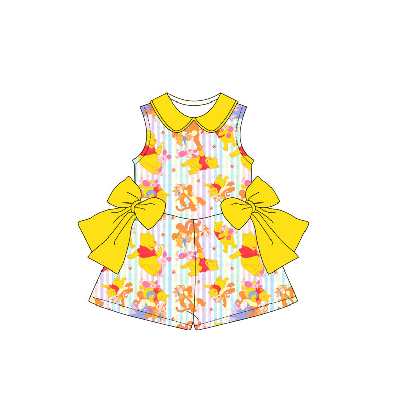 (Custom Design Preorder MOQ 5) Cartoon Bear Print Girls Summer Jumpsuits