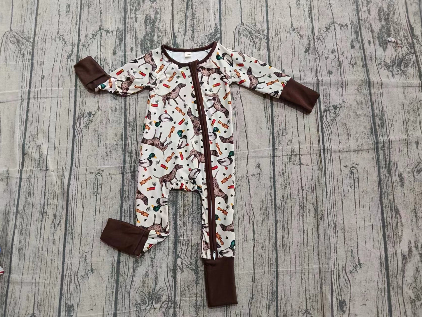 (Custom Design Preorder MOQ 5) Dog Duck Hunting Print Baby Boys Fall Zipper Sleeper Romper