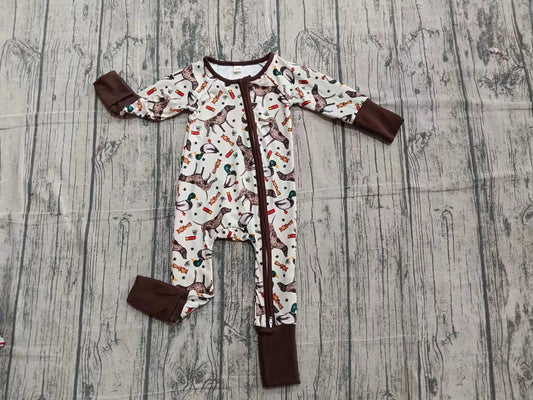 (Custom Design Preorder MOQ 5) Dog Duck Hunting Print Baby Boys Fall Zipper Sleeper Romper