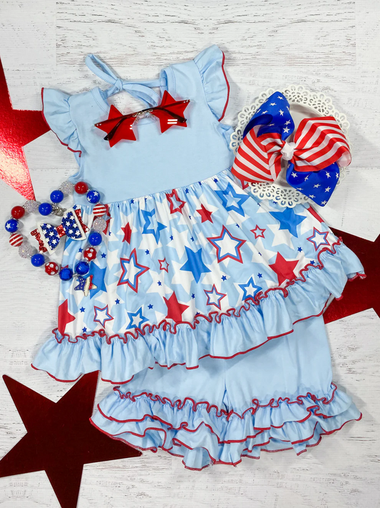 (Custom Design Preorder MOQ 5) Stars Tunic Top Blue Ruffle Shorts Girls 4th of July Clothes Set