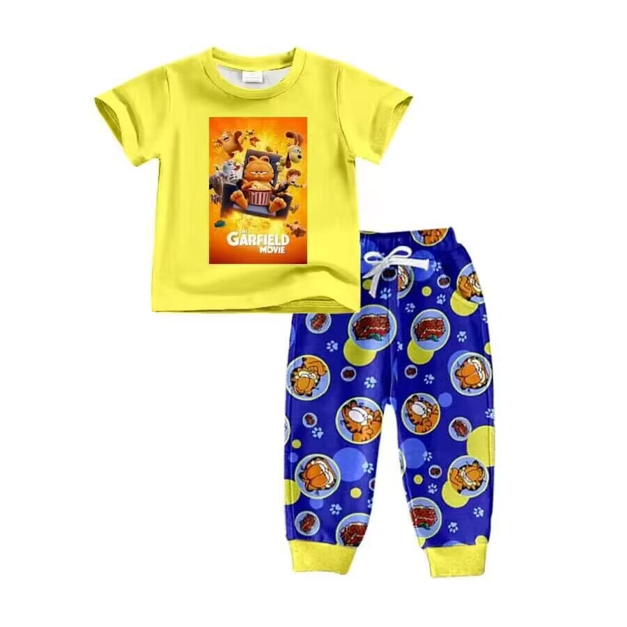 (Custom Design Preorder MOQ 5) Cartoon Orange Cat Print Boys Clothes Set