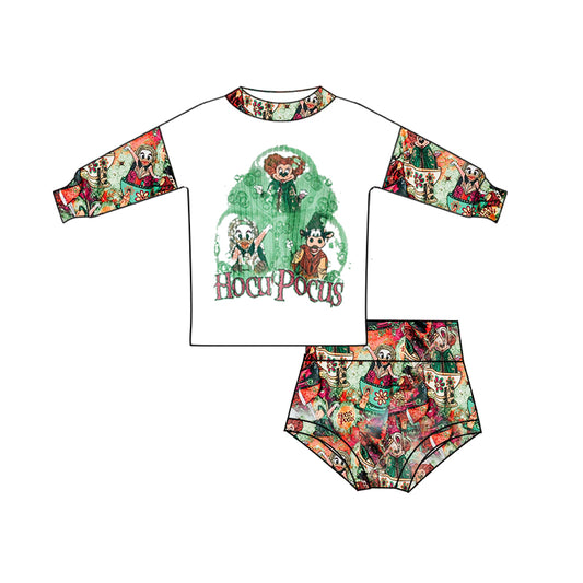 (Custom Design Preorder MOQ 5)Cartoon Animals Witches Print Baby Girls Halloween Bummie Set