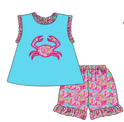 (Custom Design Preorder MOQ 5) Crab Blue Top Flowers Shorts Girls Summer Clothes Set