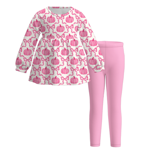 (Custom Design Preorder MOQ 5) Pink Pumpkin Bows Tunic Top Legging Pants Girls Fall Clothes Set