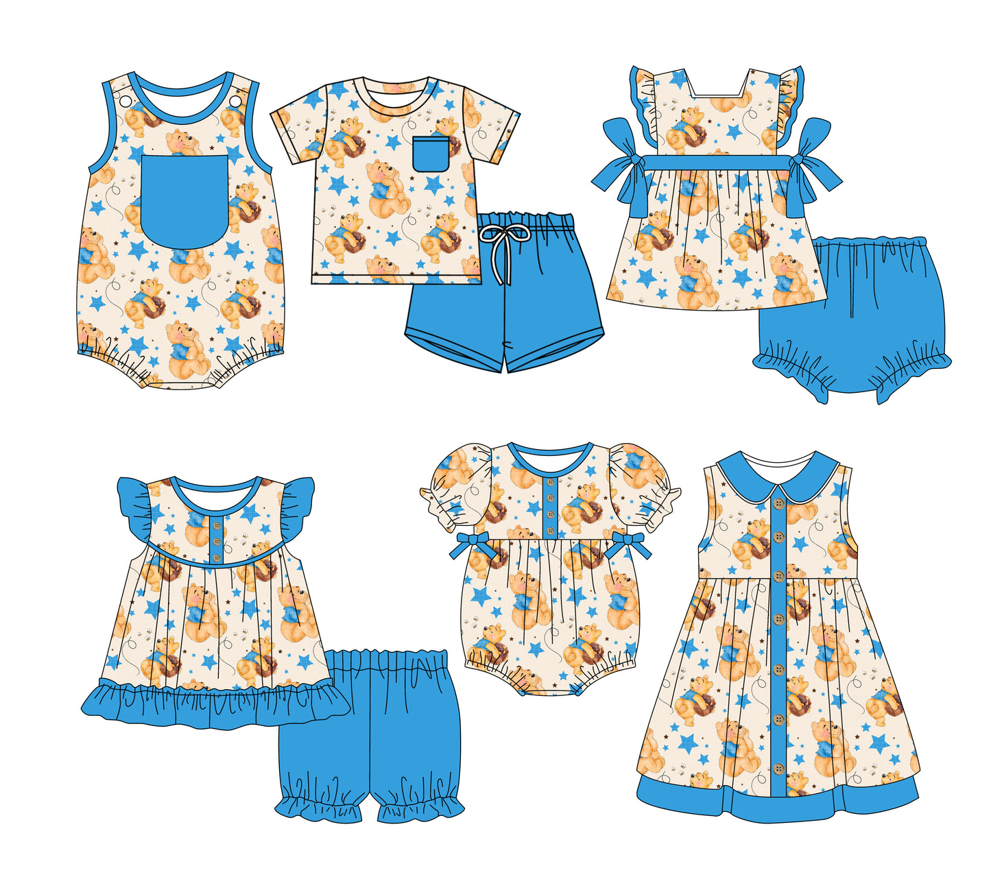 3.3(Custom Design Preorder MOQ 5 Each Design) Cartoon Bear Pooh Blue Stars Print Kids Summer Matching Clothes Sibling Wear