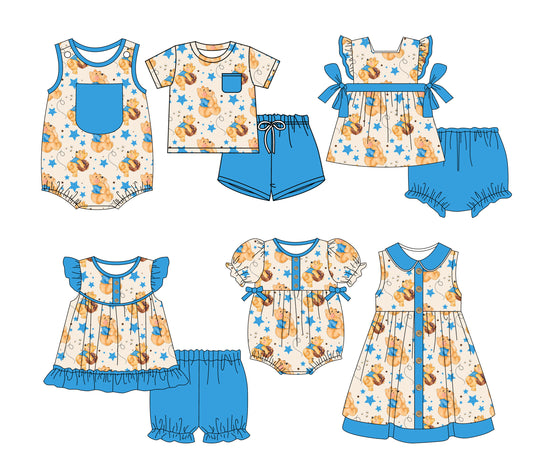 3.3(Custom Design Preorder MOQ 5 Each Design) Cartoon Bear Pooh Blue Stars Print Kids Summer Matching Clothes Sibling Wear