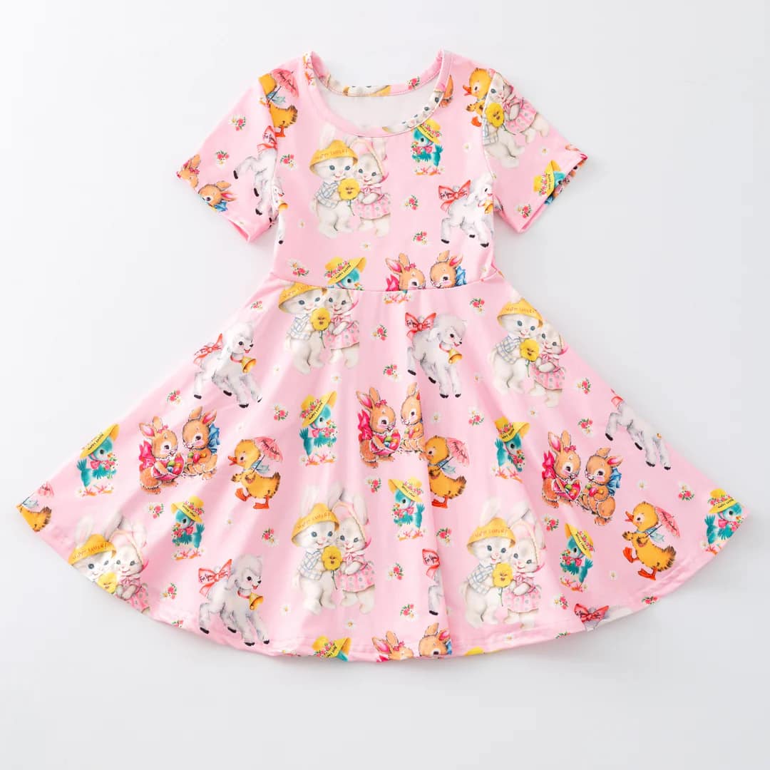 (Custom Design Preorder MOQ 5) Animals Flowers Pink Print Girls Summer Knee Length Dress