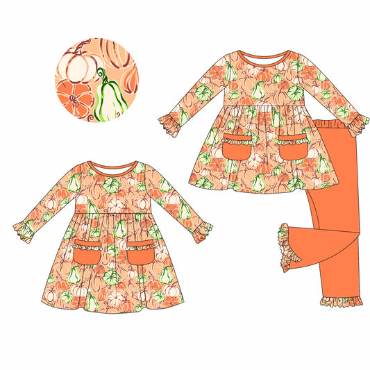5.22(Custom Design Preorder MOQ 5 Each Design) Pumpkin Orange Print Pockets Girls Fall Matching Clothes Sisters Wear