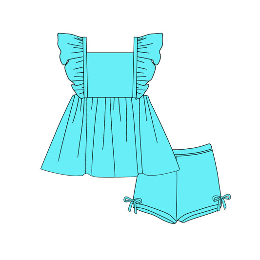 (Custom Design Preorder MOQ 5) Blue Tunic Top Shorts Girls Summer Clothes Set
