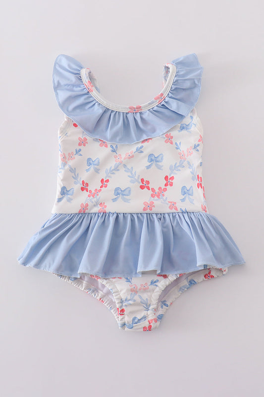 (Custom Design Preorder MOQ 5) Bows Flowers Blue Print Ruffle Girls 1 Piece Swimsuits