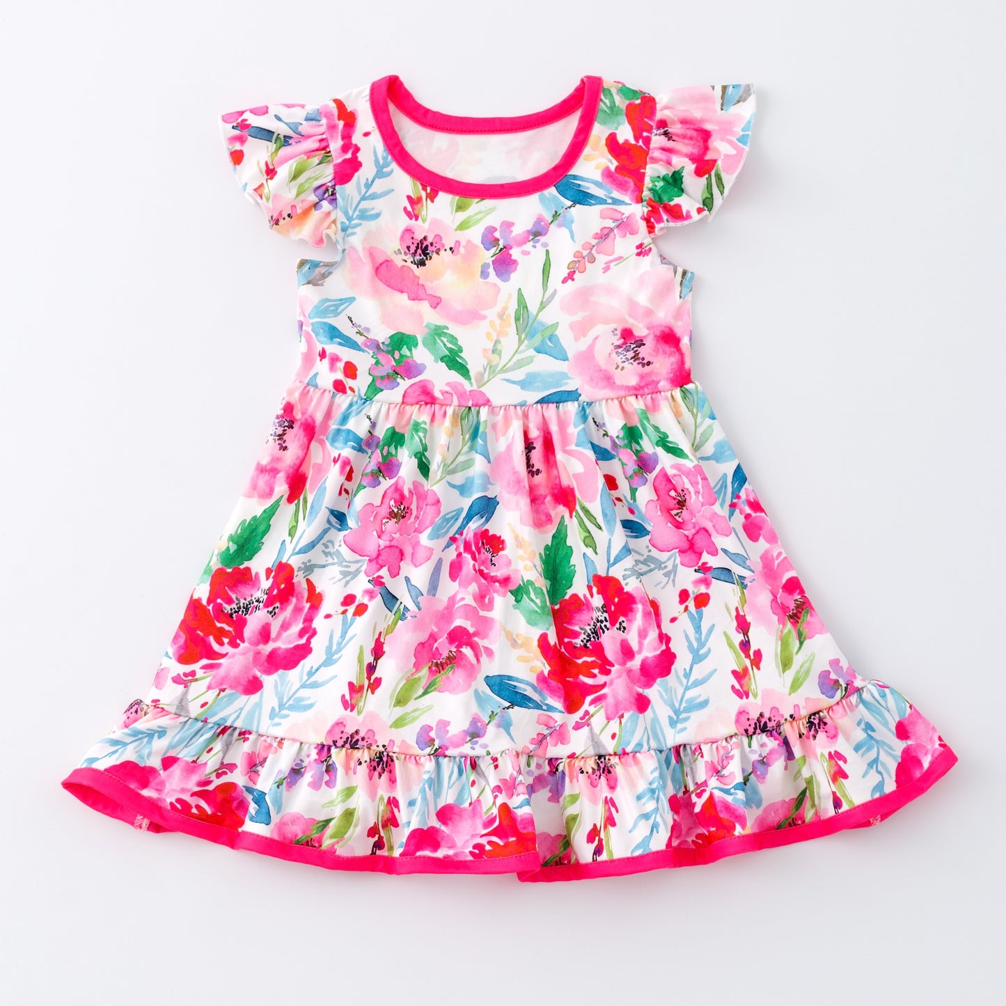 (Custom Design Preorder MOQ 5) Hot Pink Flowers Print Girls Flutter Sleeve Knee Length Dress