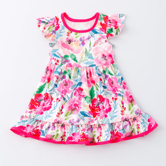 (Custom Design Preorder MOQ 5) Hot Pink Flowers Print Girls Flutter Sleeve Knee Length Dress