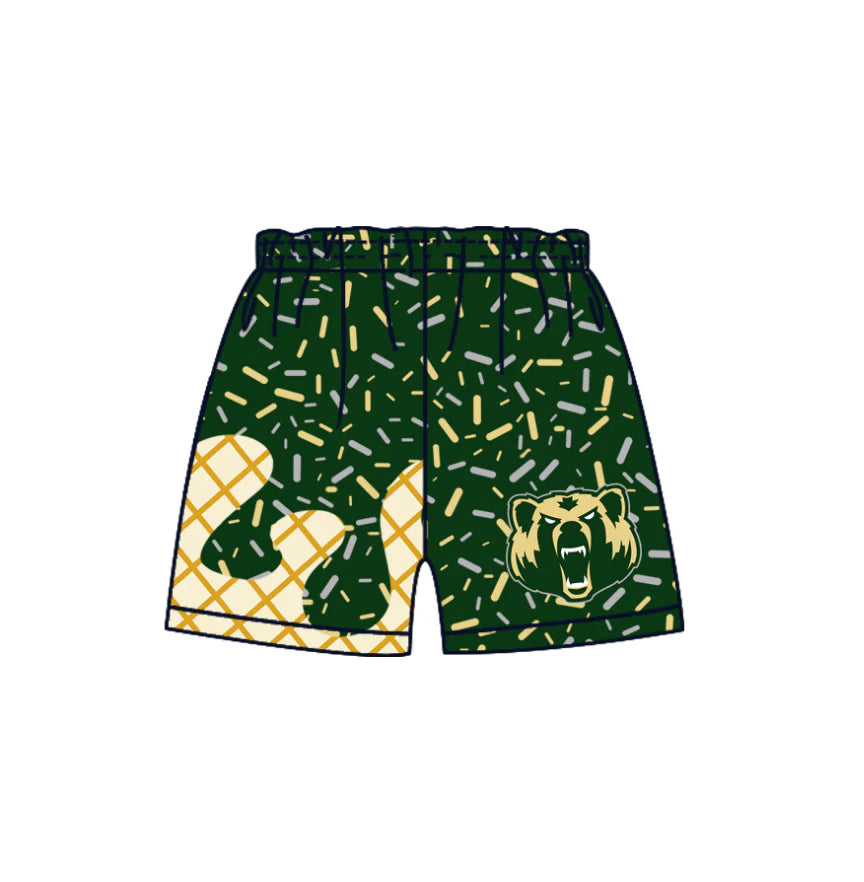 (Custom Design Preorder MOQ 5 Each Design) Team's Bear Green Sprinkles Print Summer Bottom Shorts Mom and Me Matching Clothes
