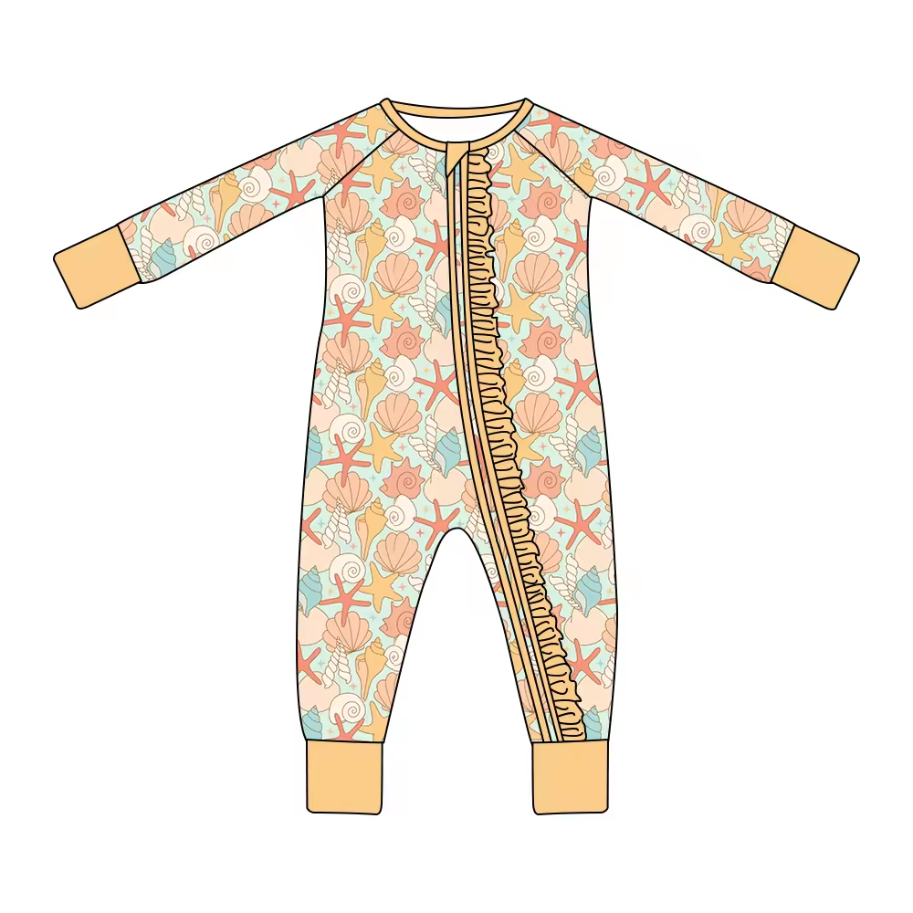 (Custom Design Preorder MOQ 5) Shell Print Baby Girls Fall Sleeper Zipper Romper