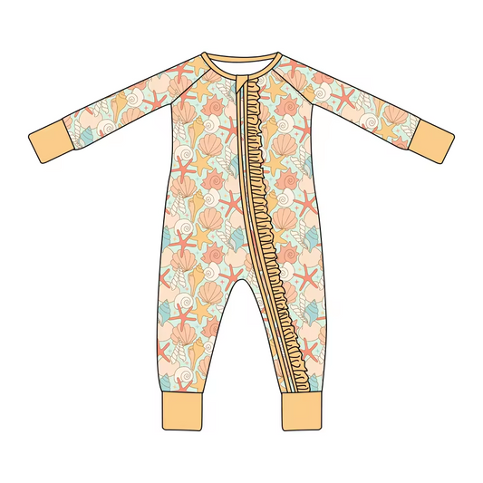 (Custom Design Preorder MOQ 5) Shell Print Baby Girls Fall Sleeper Zipper Romper